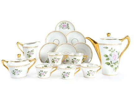 Spanish porcelain 6-piece coffee set with enameled