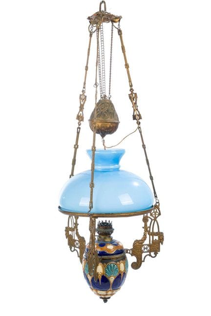 Gilded metal quinqué ceiling lamp with an opaline 