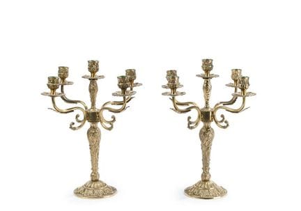 Pair of five-light candlesticks in gilded bronze. 