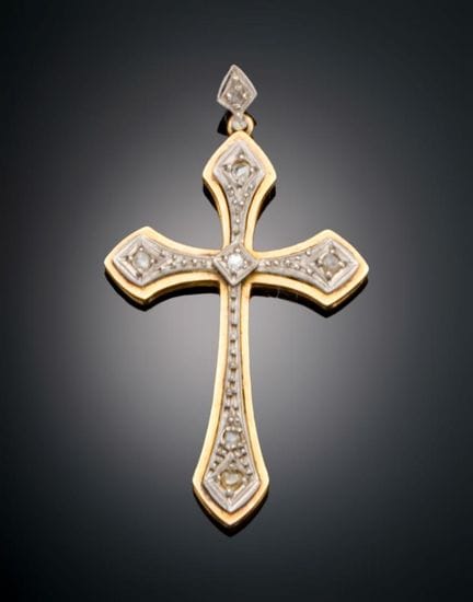 YELLOW GOLD CROSS PENDANT WITH DIAMONDS AND WHITE 
