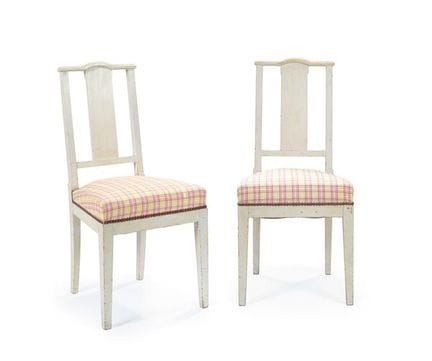 Pair of white-painted chairs.
Tartan upholstery.
H