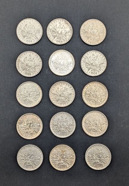 Set di 15 monete da 5 franchi in argento. Peso lor