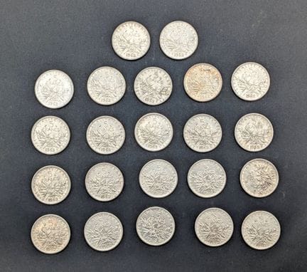 Set di 22 monete da 5 franchi in argento. Peso lor