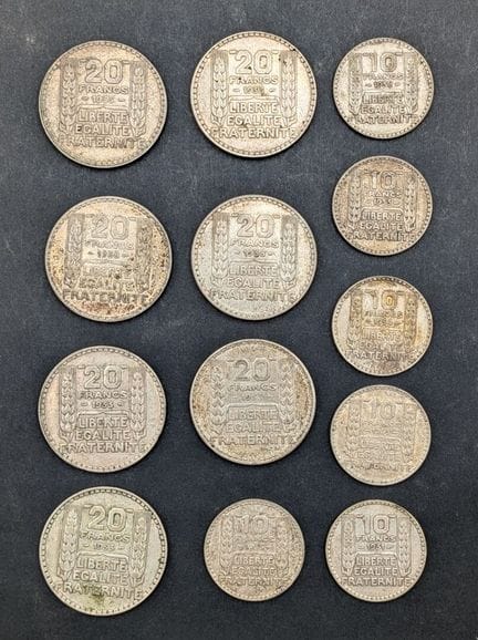 Set di monete d'argento, 7 monete da 20 franchi di