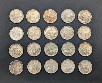 Set di 20 monete da 5 franchi in argento. Peso lor