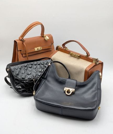 3 borse in pelle POURCHET e una trousse vintage (3