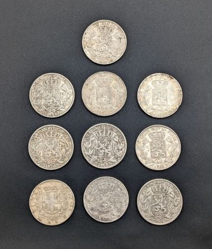 Set di 10 monete da 5 franchi belgi in argento. Pe