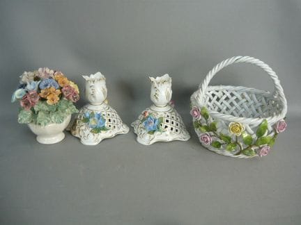 Handle basket and floral arrangement. Porcelain, h
