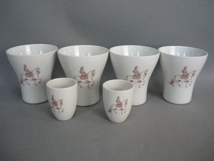 Six porcelain mugs depicting horsemen. KPM Berlin.