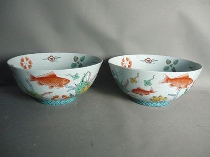 Two large bowls with carp designs. Hand-painted. Ø