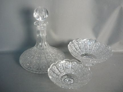 Three-piece set of hand-cut crystal. Probably Bohe