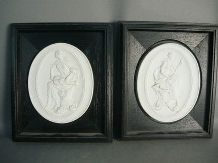 Pair of framed porcelain plates. Meissen. Marked a