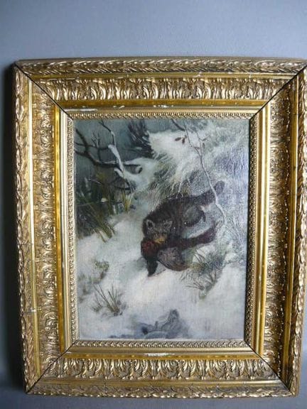 Pintor del siglo XIX. Gato montés con su presa. Ól