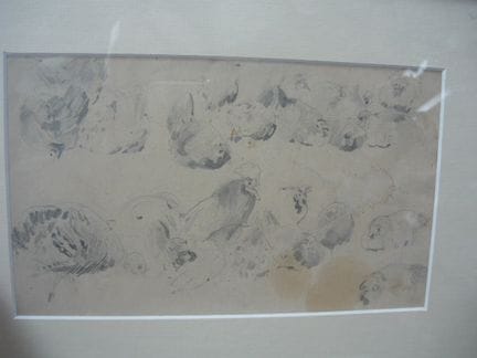 雨果·穆利希（1854-1829）。描绘鸡群的铅笔素描。画面尺寸约14×22厘米。背面亦有素描。装裱