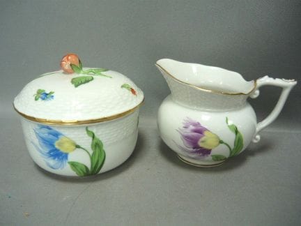 Large sugar bowl with lid and milk pourer. Herend,
