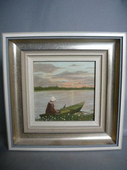 20th-century artist. Girl in a Boat. Oil on panel.