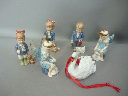 Collection of porcelain Christmas tree ornaments. 