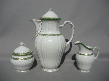 KPM Berlin Rocaille Green. Coffee pot, sugar bowl,