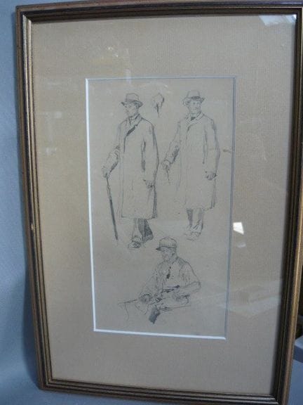 雨果·穆利希（1854-1829）。描绘数人的铅笔速写。画面尺寸约23×12厘米。装裱于玻璃框内。画