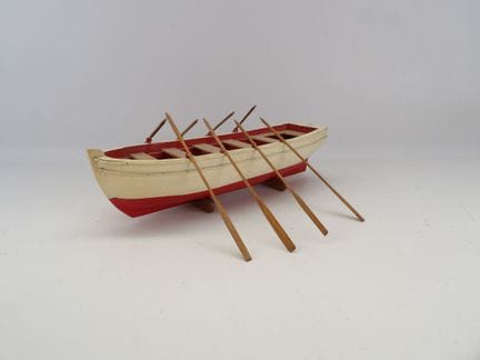 Polychrome wooden model of an 8-oared rowboat, Len