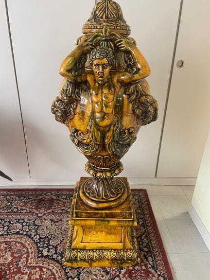 Large covered earthenware urn with ochre-yellow gl