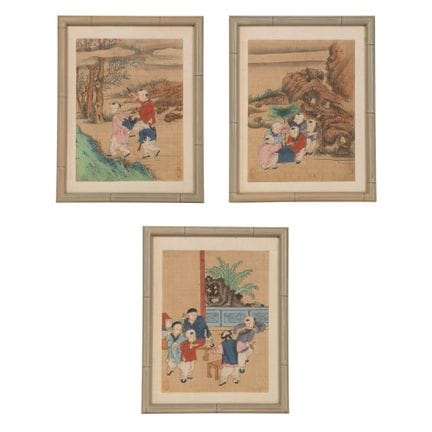 中国画合集  

(3) 传统中国水墨彩画，绘于丝绸之上，描绘了田园风光中嬉戏玩耍的孩童群像，均带有