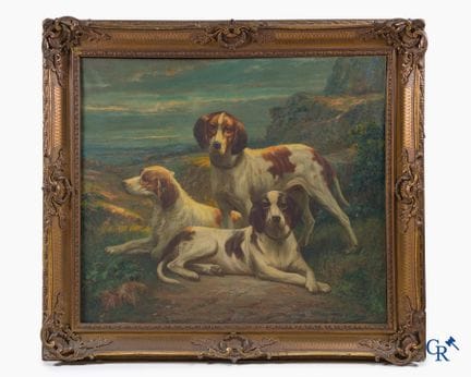 马克斯-阿尔伯特-卡里耶（1872-1938 年）的大型油画，画中有 3 只猎犬，配以精美的镀金画框
