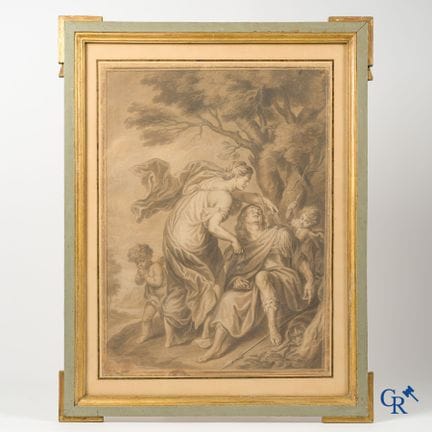 素描、水彩与红褐色粉笔画，绘于羊皮纸上。18世纪。| 59 x 43 厘米。
76 x 58.5 厘