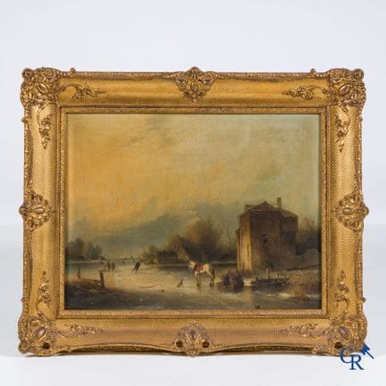 斯梅茨-路易斯（1840-1896 年），《冰上人物与马的冬季水景》。桃花心木上的油画。49 x 6