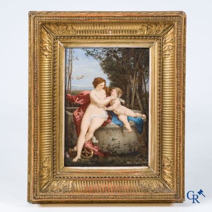 In the style of Meissen or KPM. Porcelain painting