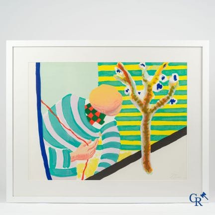 罗杰·拉维尔（1921-2013）（*）《条纹空间中的条纹男子》。彩色石版画。专业装裱。署名并编号为