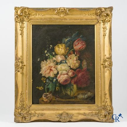 带有昆虫的花卉静物画。油画，油彩绘于画布上，画布粘贴于木板上。右下角签名无法辨认。19世纪。| 56