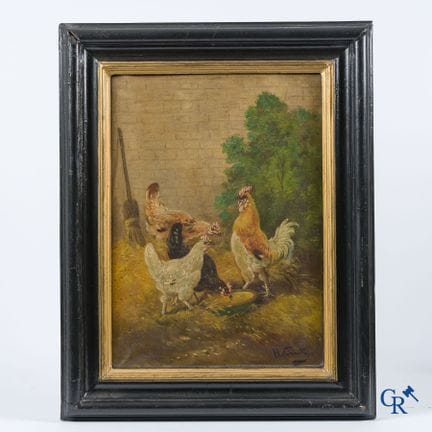 亨利·肖滕。母鸡与公鸡。布面油画。右下角署名 H. Schouten。| 58 x 42 厘米。
7