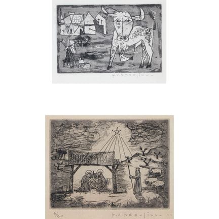 保罗-瓦尼埃·博利厄（1910-1996），《公牛》；《耶稣诞生》，版画 3.5 × 5.5 英寸 