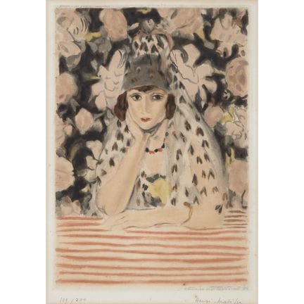 据亨利·马蒂斯（1869-1954）原作，《戴曼蒂拉头巾的西班牙女子》，1925年，铅笔签名并标注编