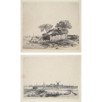 据伦勃朗·范·莱因（1606-1669）作品《带白色栅栏的小屋；阿姆斯特丹风景》，版面签名； 19世