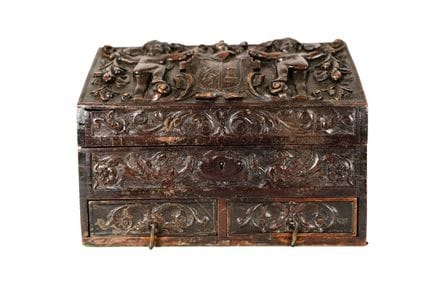 Renaissance-style desk box. Crafted from carved wo