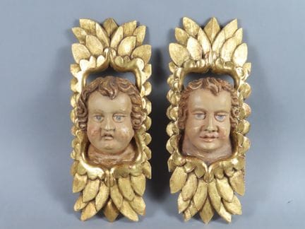 Paire de têtes d'anges - séraphins ailés en bois p