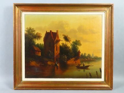 19th-century school of painting. Lively riverside 