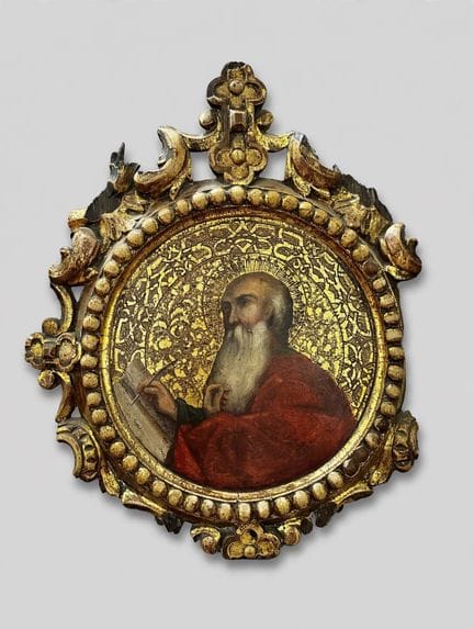 19世纪希腊画师作品《圣约翰福音书作者》。木板油画。22厘米（画作）；40×32.5厘米（画框）。（