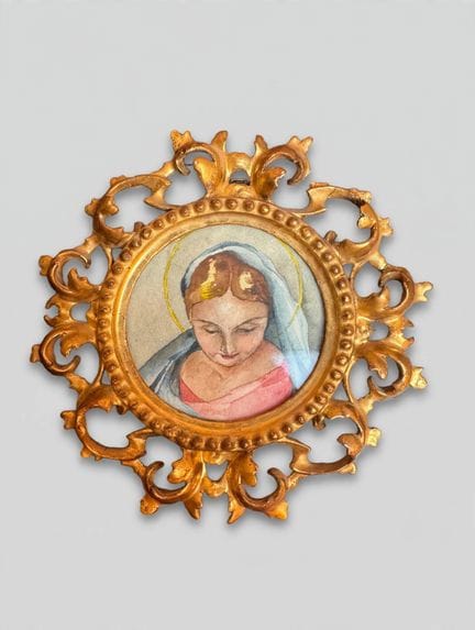 19世纪画师作品，《圣母》。纸本水彩画。10厘米（画作）；19×18（画框）。