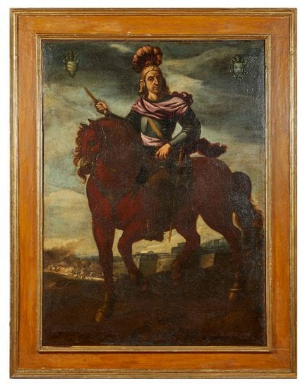 17世纪画师作品，《骑马肖像》。布面油画。同期画框。100×138厘米。