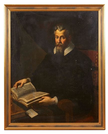 17世纪画师作品，《手持书籍的贵族肖像》。布面油画。116×92.5厘米。