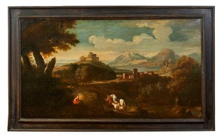17世纪画师作品，《人物与牲畜的风景》。配有同时期的画框。布面油画。71×127厘米。