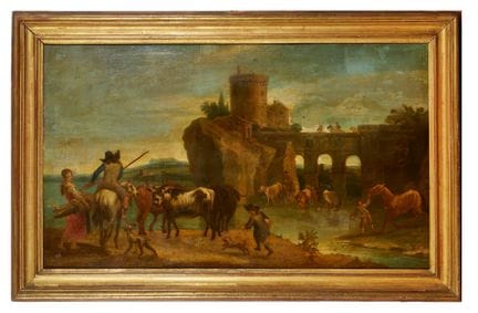 17世纪佛兰芒画派大师作品，《带城堡的风景》。配有同时期的画框。布面油画。82×136厘米。
