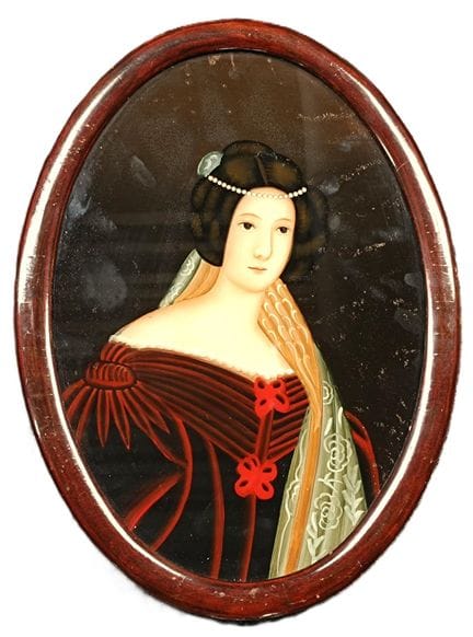 Ritratto ovale di elegante signora ad olio su last