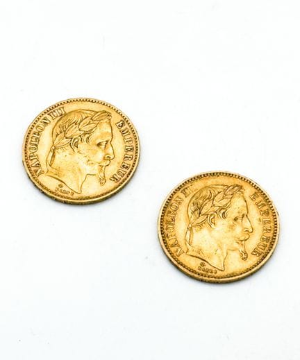 2 pièces en or Napoléon III (tête laurée) 
1863, 1