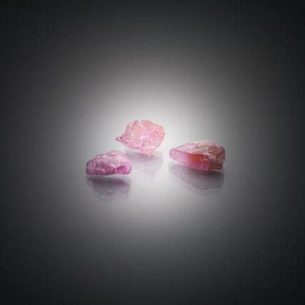 Lot de trois spinelles roses bruts sur papier. 
Vi