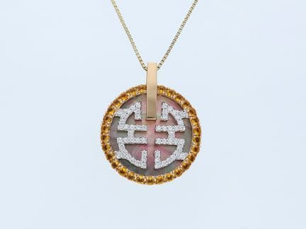 Collana con ciondolo Citrino, Diamanti Oro rosa 14