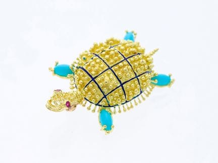 Spilla 1,00 ct. Turchesi, Rubini 750 Oro giallo 18
